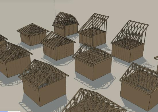 A row of small sheds with different timber roof types