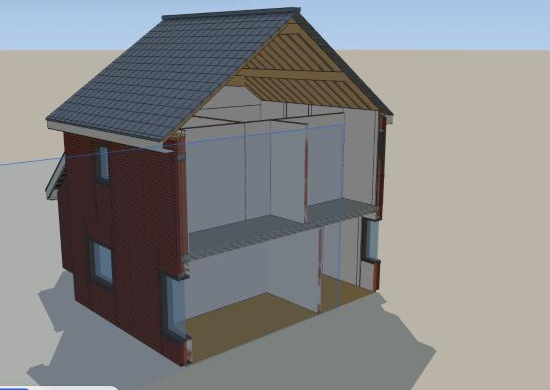 Section through a brick house with its roof structure